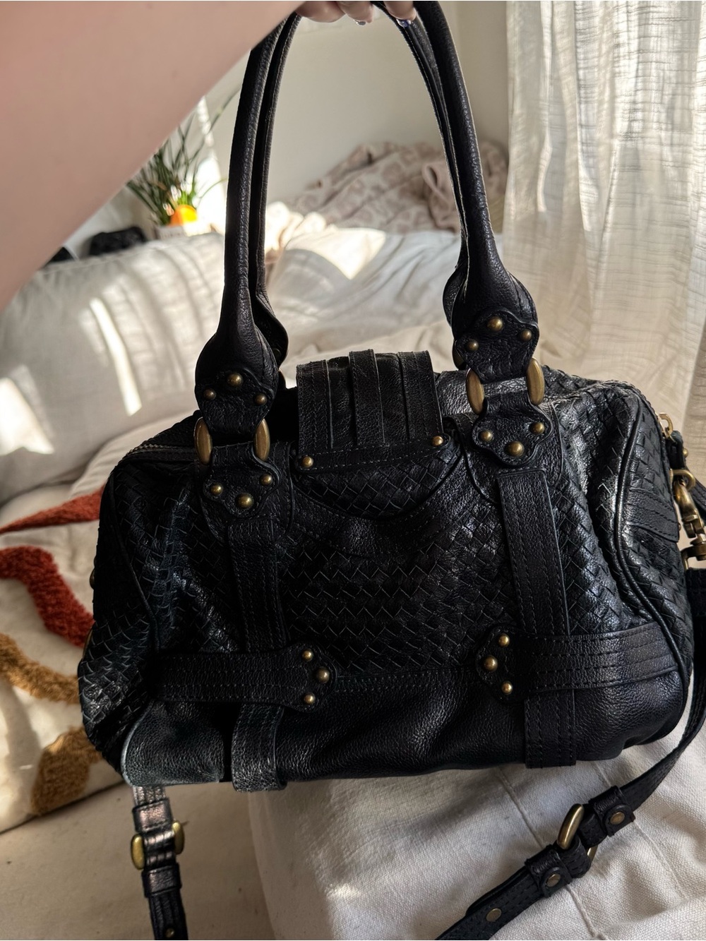 Lockheart Black Leather Braided Studded Satchel Handbag - Picture 9 of 9